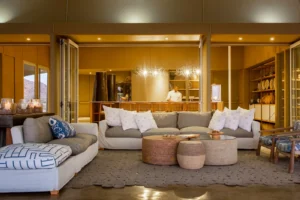 Cushioned seating in the Hoanib Skeleton Coast Camp lounge