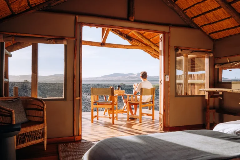 View from a Kulala Desert Lodge room onto its private deck