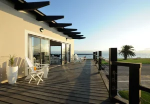 Timber deck facing Walvis Bay Lagoon at Oyster Box Guesthouse