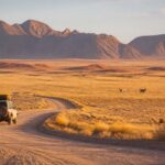 Safari vehicle and oryx in a vast Namibian desert landscape