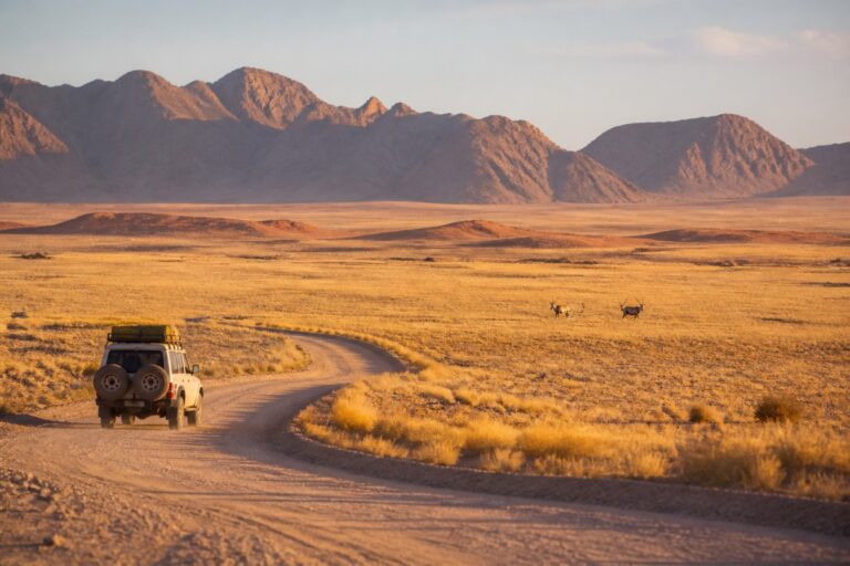 Safari vehicle and oryx in a vast Namibian desert landscape